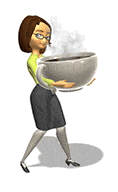 A 3D render of a brunette woman wearing formal business attire and holding a comically-oversized, steaming hot cup of coffee