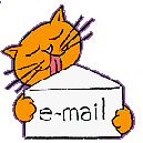 An animated cartoon of a pleasant orange cat licking a mail envelope that reads 'e-mail'