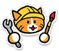 A cartoon image of an orange and white cat that is smiling, wearing a yellow construction helmet, and is holding a paintbrush and a wrench in both paws.