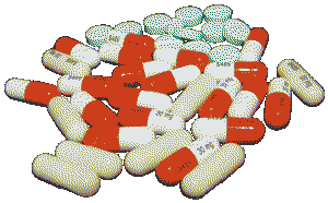 A dithered image of a pile of red and white pills.