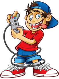 A cartoon image of a young teenage boy wearing a backwards hat, red t-shirt, denim shorts, and sneakers, holding his tongue out while holding a video game controller.