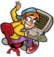 An cartoon image of a young teenage boy wearing a yellow sweater and a backwards hat sitting at a computer while looking backwards at YOU!