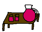 A pixelated drawing of a picher and two glasses filled with pink juice sitting on a wooden table.