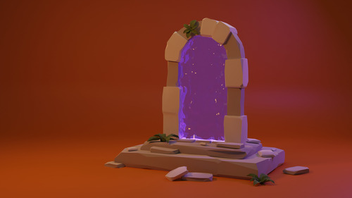 A low-poly-style 3D model of a stone arch containing a gooey, purple portal in front of a flat orange background.