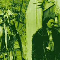 A Gameboy screen-hued, dithered image of Johnny Depp and Gary Farmer in the western acid cowboy movie, 'Dead Man.'