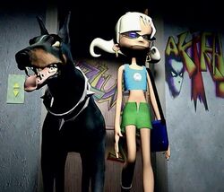 A cartoonish 3D render of a blonde-haired girl wearing dangly gold earrings, a blue crop top, and green shorts leaning up against a graffiti-splattered door while a big scary dog wearing a spiked collar stands in front of her.