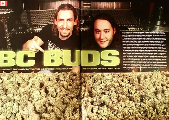 A photograph of Chad Kroeger (of Nickelback) in a High Times magazine article standing in front of a giant pile of weed.