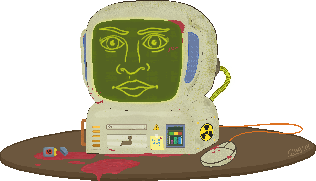 This illustration depicts a vintage-looking, beige computer with a glowing, dark green screen. A menacing woman's face is drawn on the screen. The casing is covered in small splatters of blood, warning stickers, status lights, and a Post-It note which reads, 'Please don't use!' The Post-It note and the circular, wooden table the computer sits atop are covered in sludgy, bright red blood. There is a silver flash drive with a glowing red skull on it sitting in front of the computer in the pool of blood. The drawing is done in a scrawly, pixel art style.