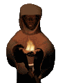 An animated image of a monk in a brown robe holding a burning flame in his hands.