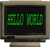 An image of a CRT computer monitor with a black screen and animated green text that says 'Hello World.'