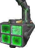A 3D render of a metal arm holding four futuristic, boxy screens with green flashing TV static on them.
