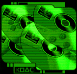 A black and green pixel image of PlayStation 1 disks stacked atop one another surrounded by a futuristic tech border.