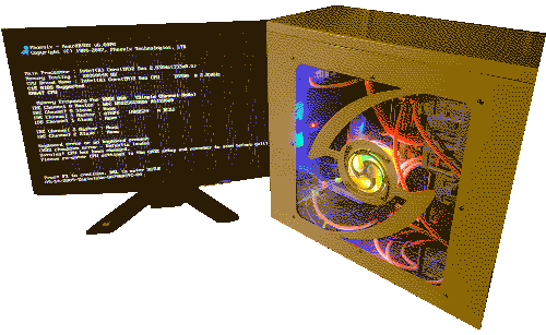 A dithered photo depicting a sideview of a yellow and orange-colored gaming computer and a monitor sat to the left of to it.