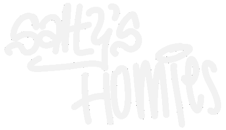 Scrawly, white text in graffiti lettering that says, 'Salty's Homies.'